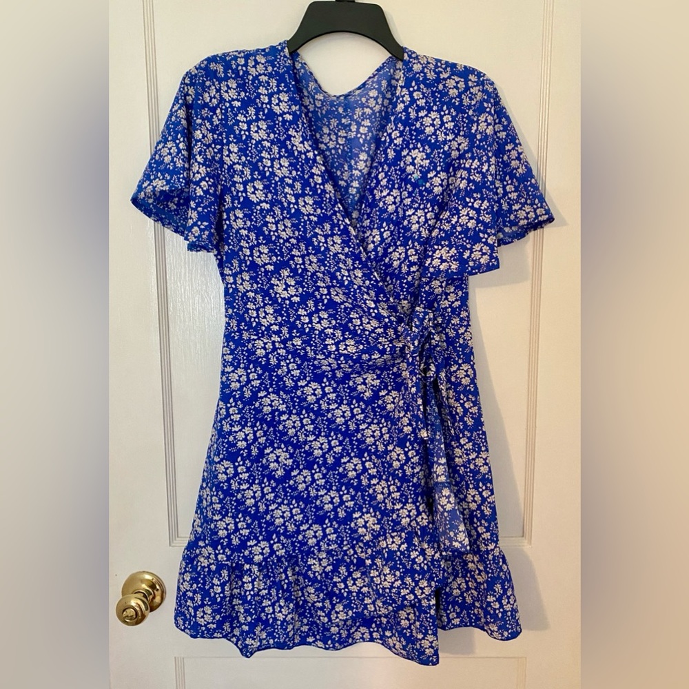 Floral Blue Wrap Dress size L